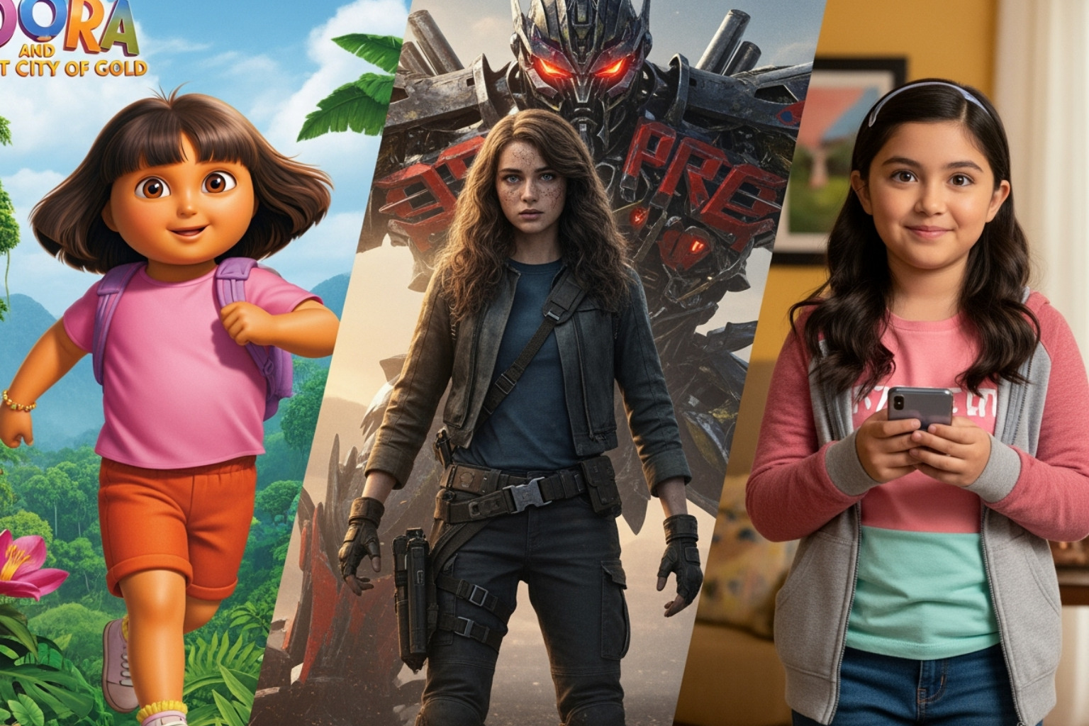 Isabela Merced in a collage of her different roles like Dora, Izabella, and Lizzy - isabela moner 