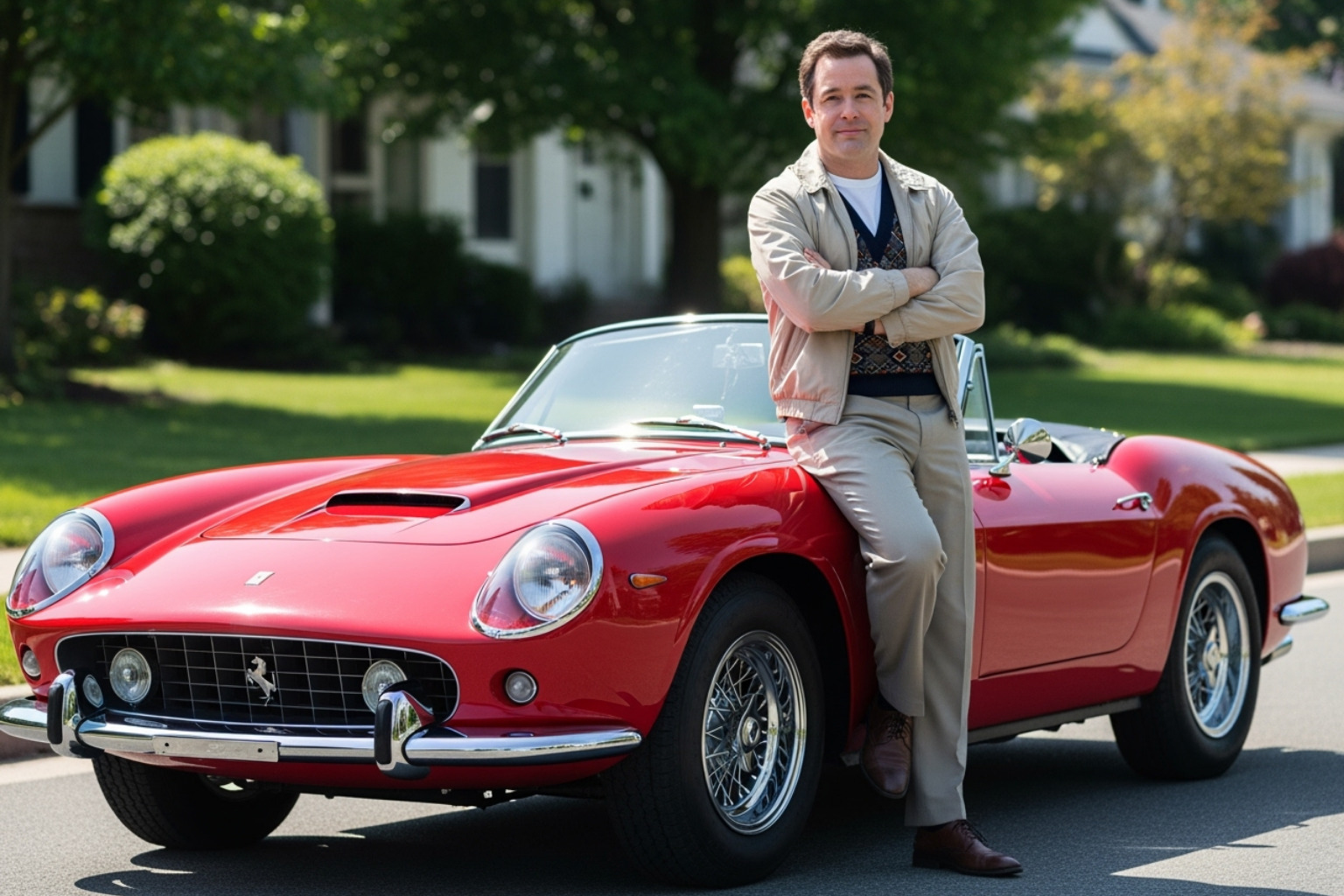 Matthew Broderick as Ferris Bueller leaning against a Ferrari - matthew broderick movies