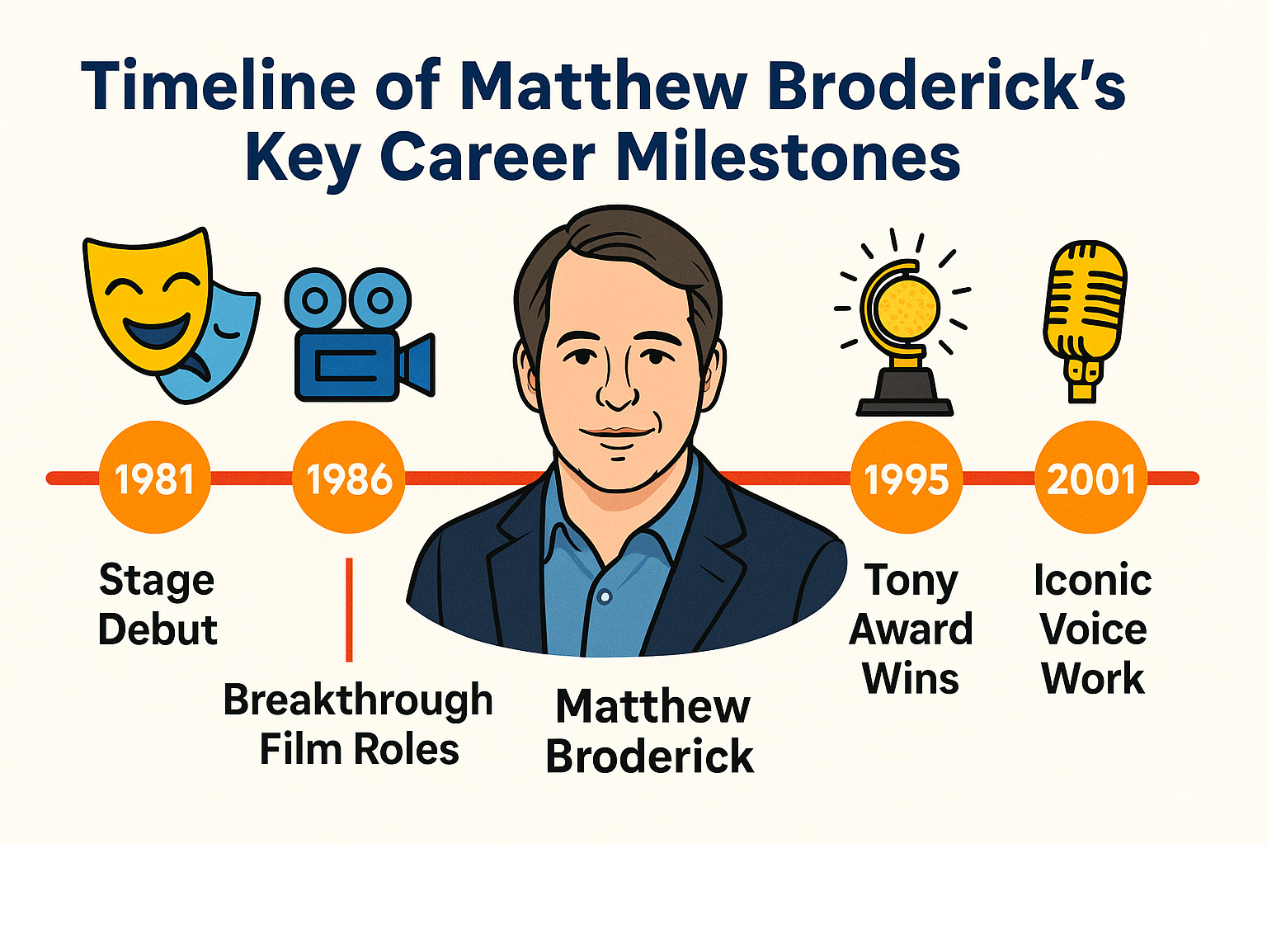 Timeline of Matthew Broderick's Key Career Milestones, including his stage debut, breakthrough film roles, Tony Award wins, and iconic voice work. - matthew broderick infographic 