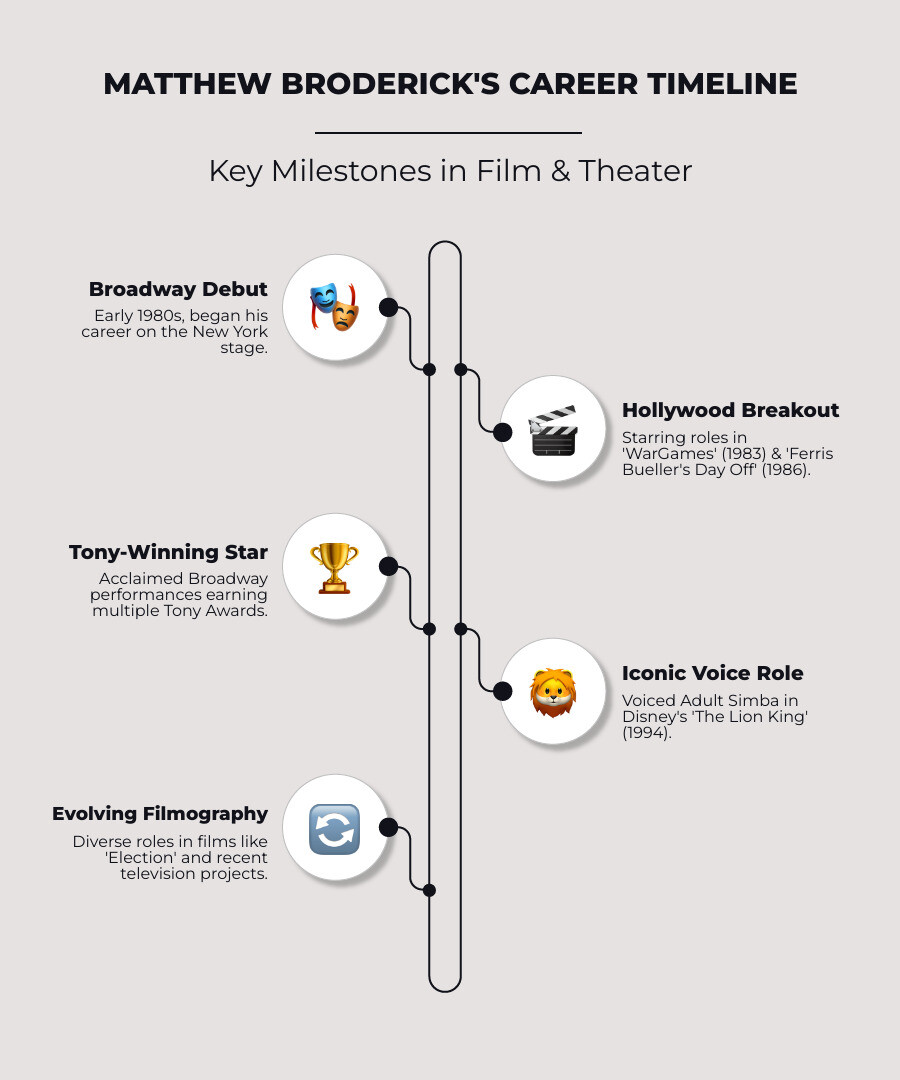 Infographic: Matthew Broderick's Career Timeline - From Broadway Debut in the early 80s to breakout film roles like WarGames and Ferris Bueller's Day Off, his Tony-winning stage performances, iconic voice work in The Lion King, and recent projects, highlighting key milestones in film and theater. - matthew broderick movies infographic infographic-line-5-steps-neat_beige