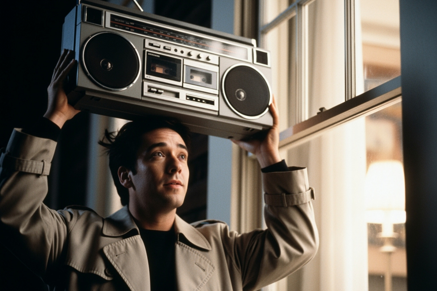 John Cusack as Lloyd Dobler holding the boombox in 'Say Anything...' - john cusack