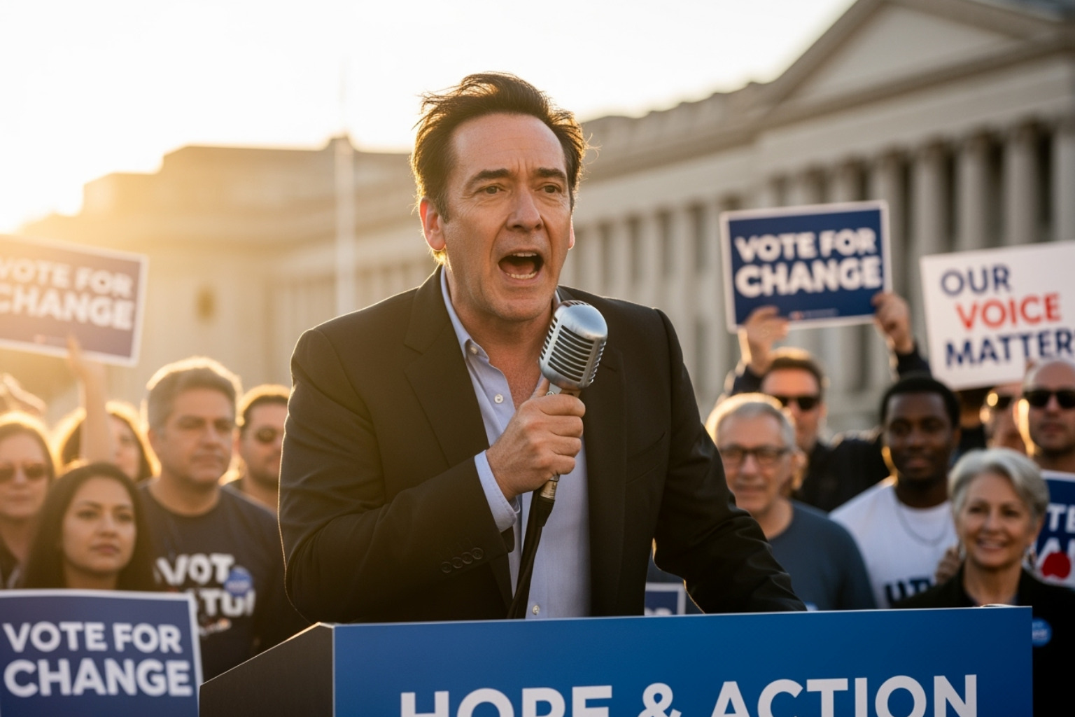 John Cusack at a political rally or speaking event - john cusack