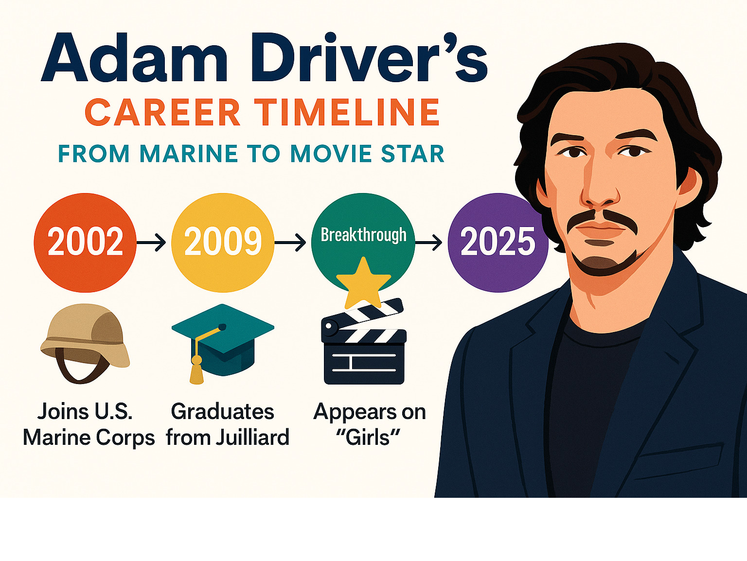 Infographic explaining Adam Driver's Career Timeline: From Marine to Movie Star - adam driver movies infographic 
