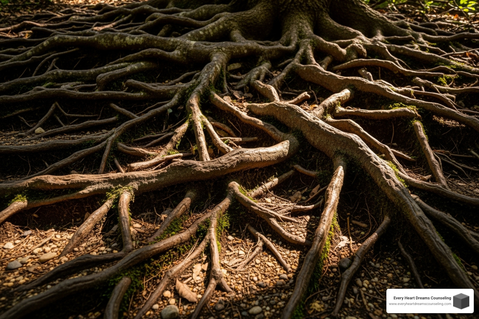 intertwined roots of a tree, symbolizing deep-seated causes - emotional immaturity therapy
