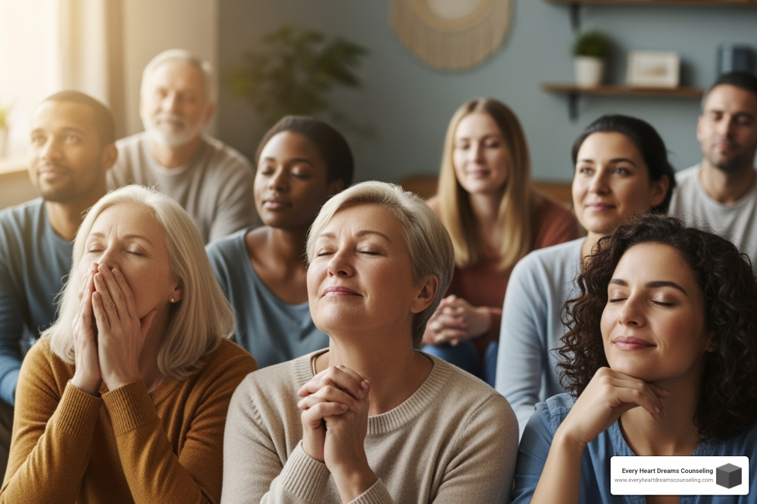 showing a diverse group of individuals looking relieved and hopeful - EMDR therapy