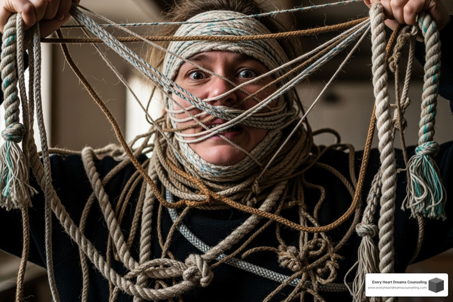 person overwhelmed by tangled threads - DBT therapy emotional regulation