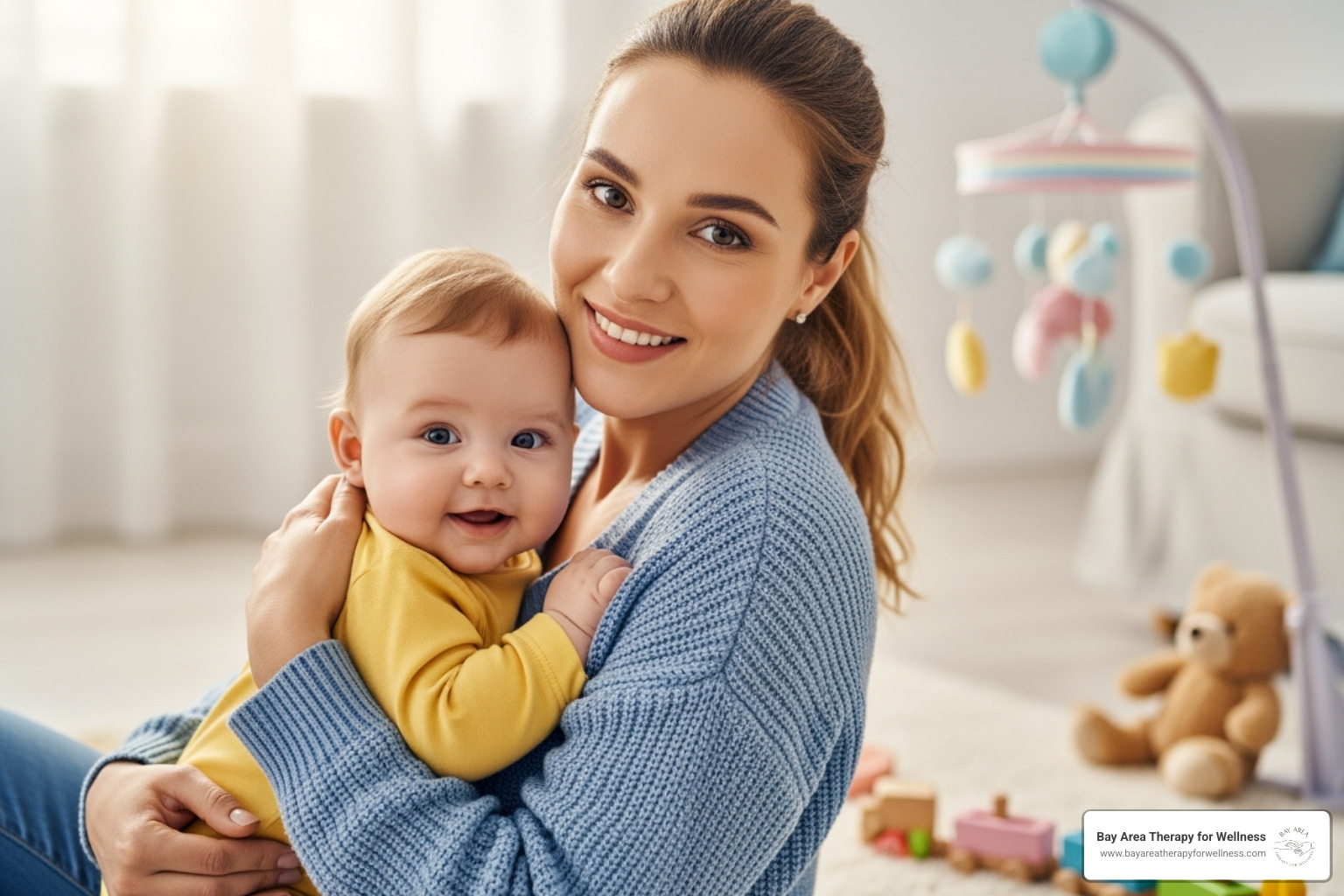 mother smiling and looking relaxed while playing with her baby - perinatal mental health therapist near me