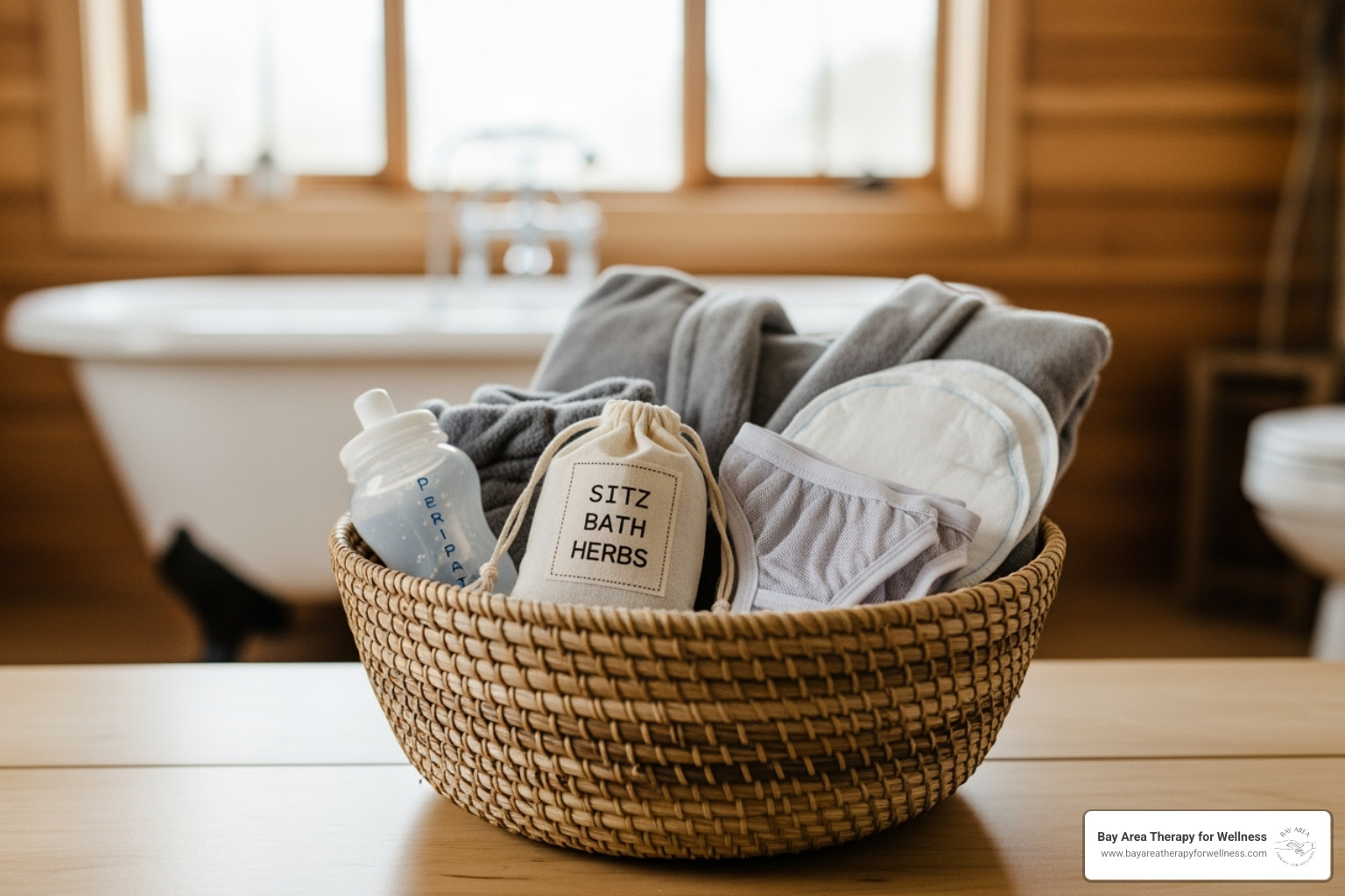 A self-care basket with items like a peri bottle, sitz bath herbs, and comfortable robe - postpartum health