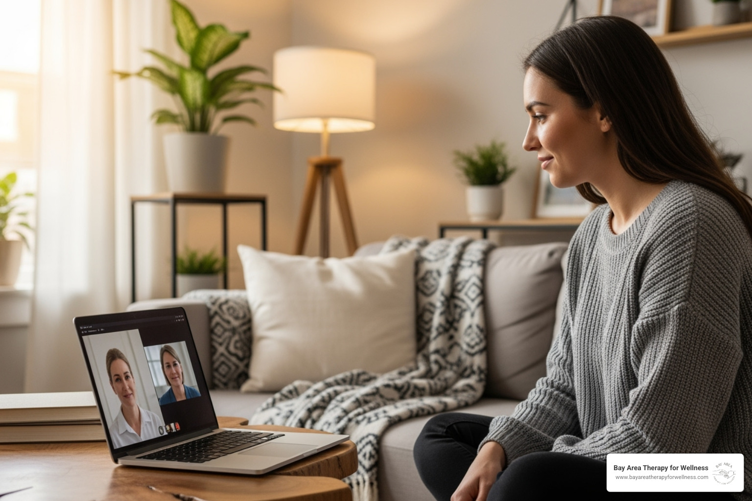 A woman talking to a therapist via a laptop, showing the accessibility of online therapy - postpartum health