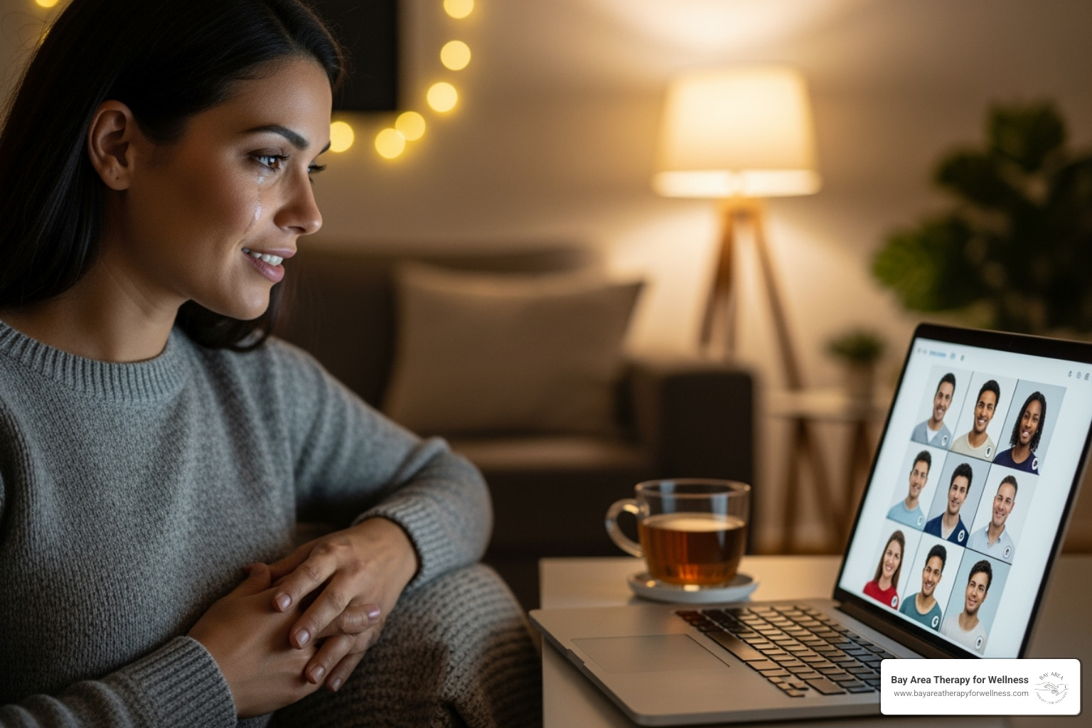 woman feeling connected while participating in an online support group - postpartum depression support