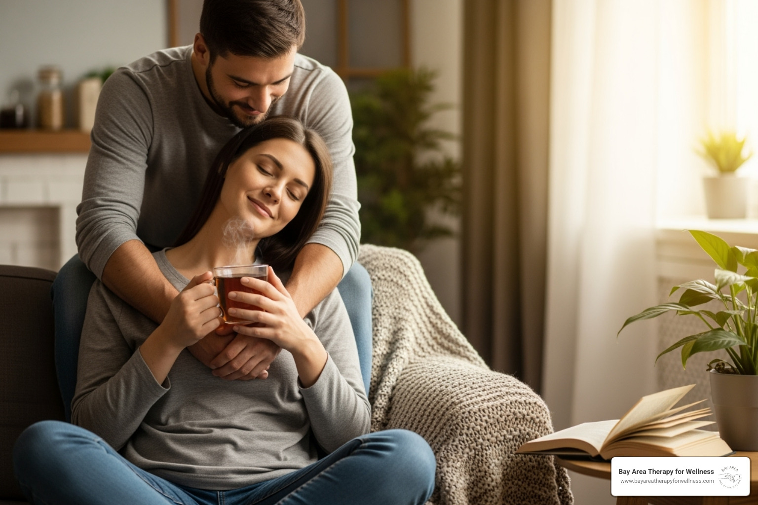 partner providing a new mom with a cup of tea and a comforting hug - postpartum depression support