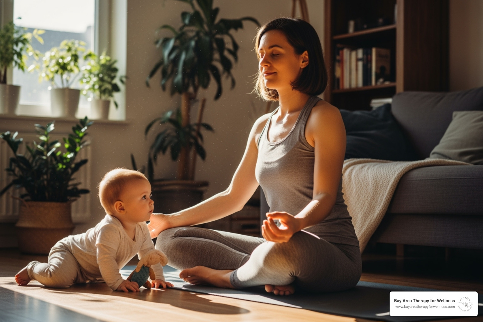 mother practicing yoga at home with her baby nearby - postpartum anxiety counseling