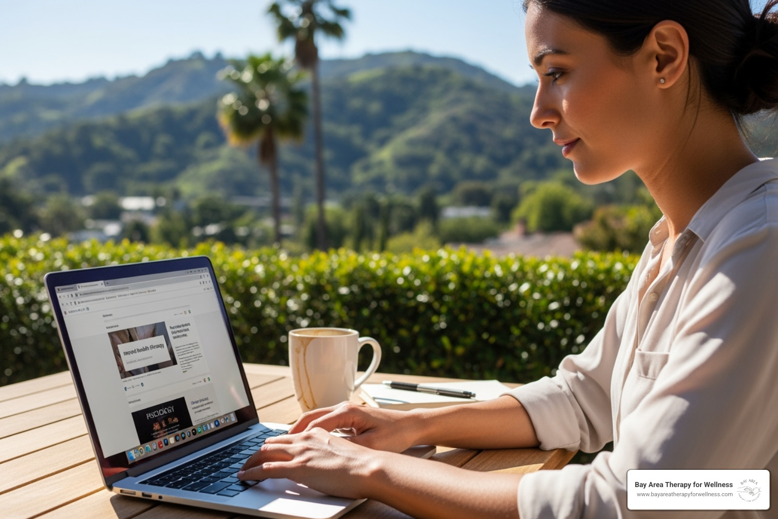 woman in California on her laptop, researching therapy options - perinatal mental health therapist near me