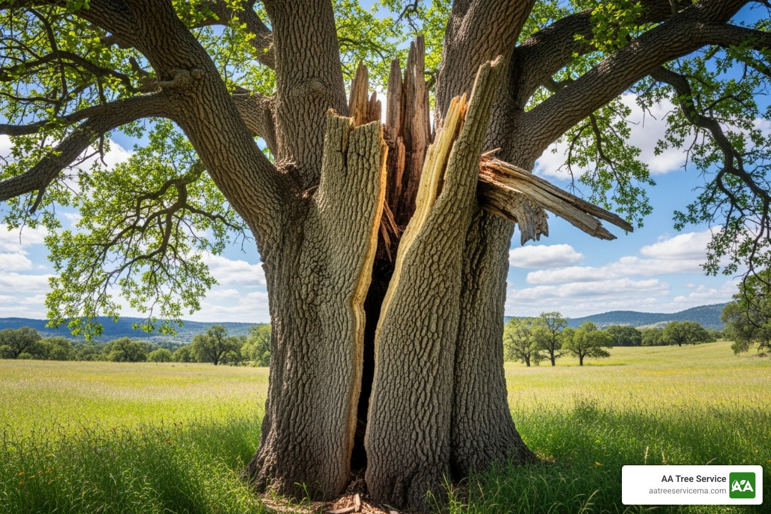 Tree with large crack in trunk - Tree removal and pruning