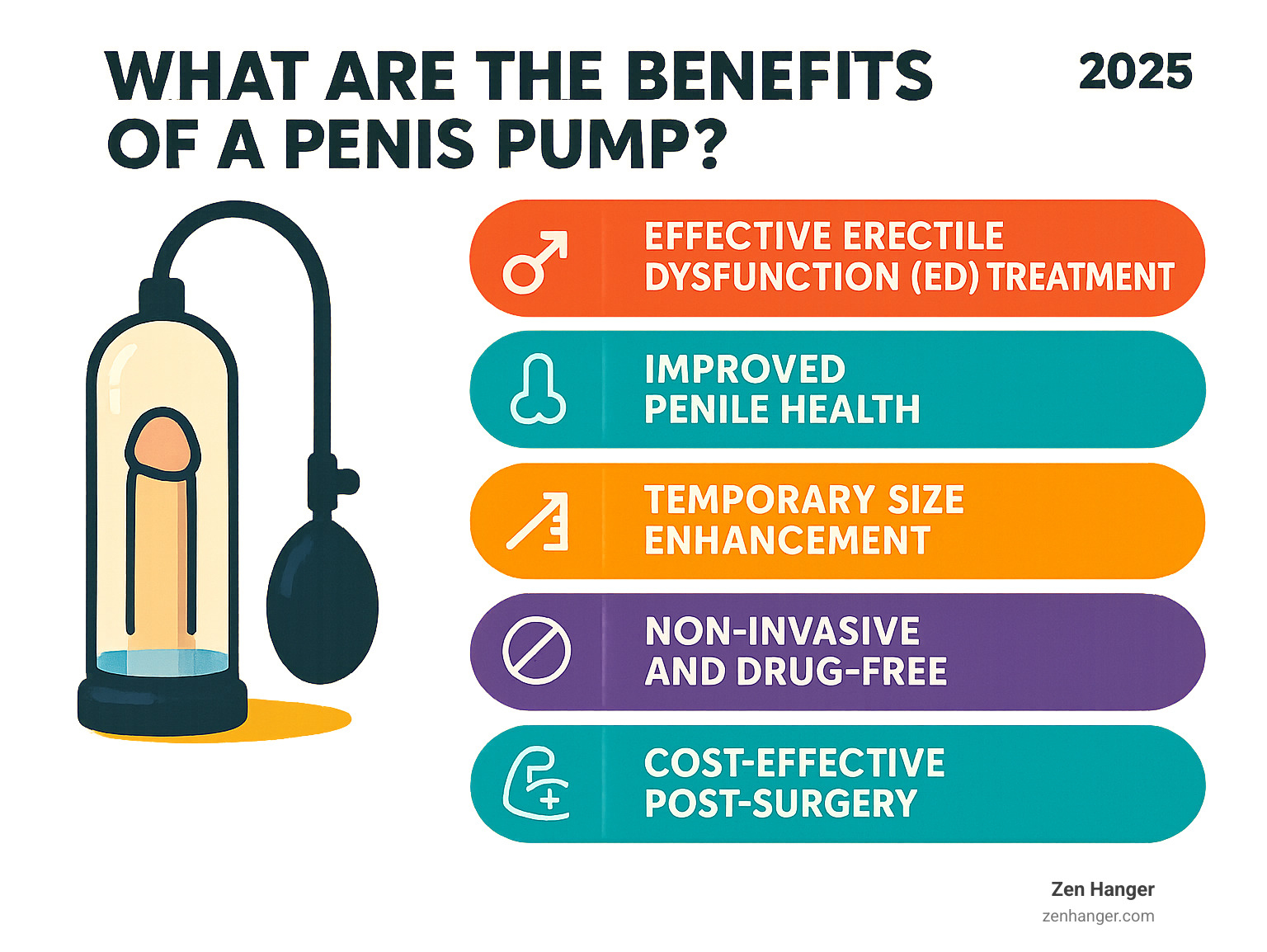 Infographic summarizing key benefits of a penis pump for erectile dysfunction, penile health, temporary size improvement, cost-effectiveness, and post-surgery rehabilitation - what are the benefits of a penis pump infographic