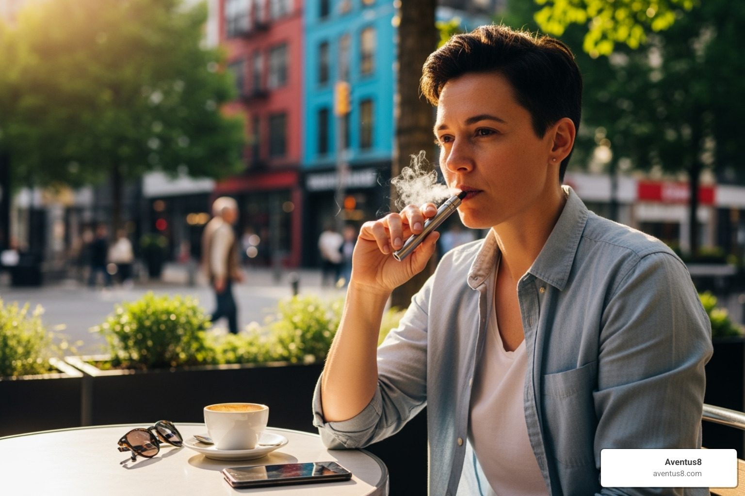 someone discreetly using a vape pen at an outdoor cafe in downtown Hollywood - thc cartridge