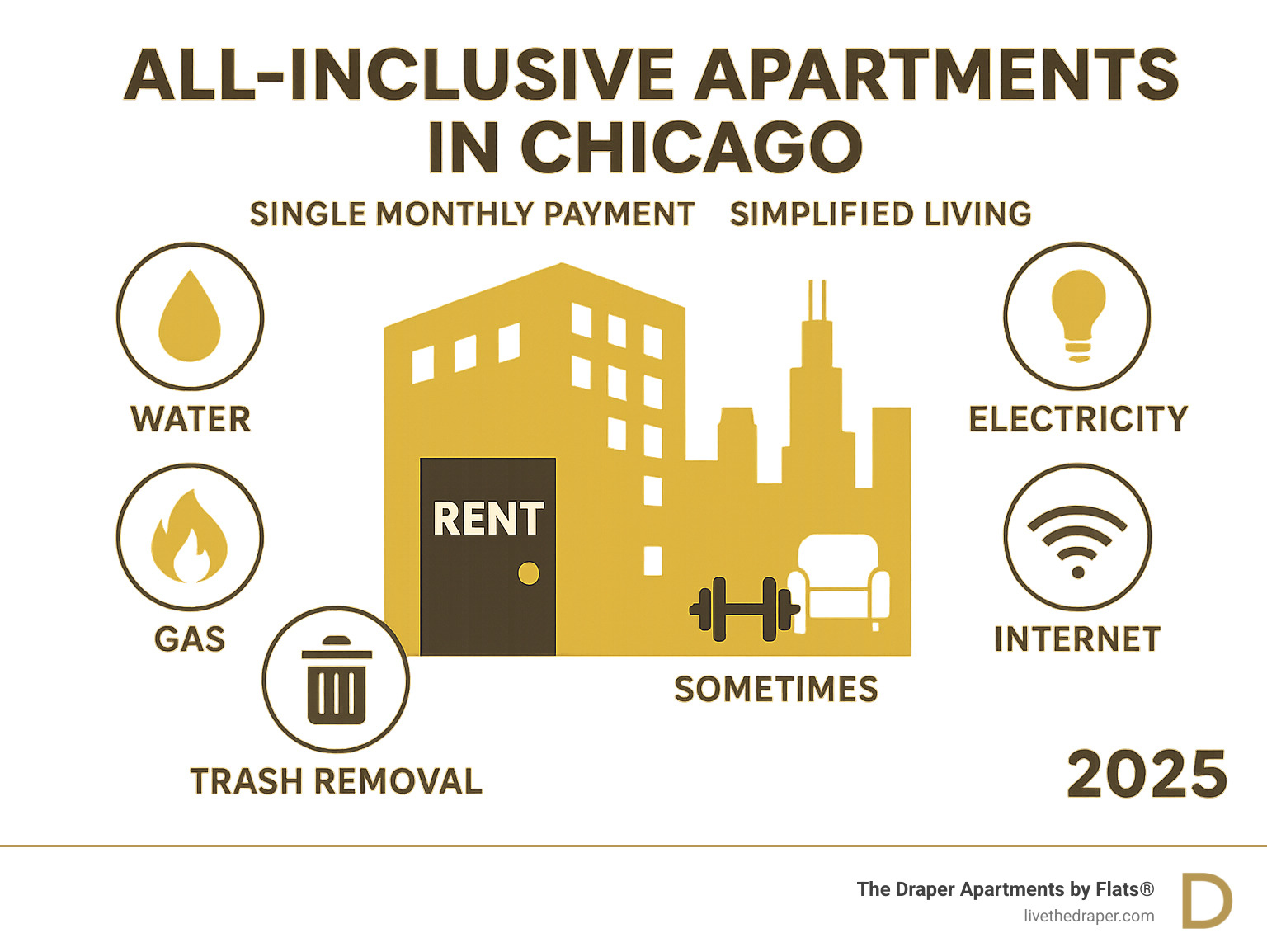 Infographic explaining what all-inclusive apartments typically include in Chicago, such as rent, water, gas, electricity, trash removal, internet, and sometimes amenities and furnishings, all simplified into a single monthly charge. - all inclusive apartments chicago il infographic 