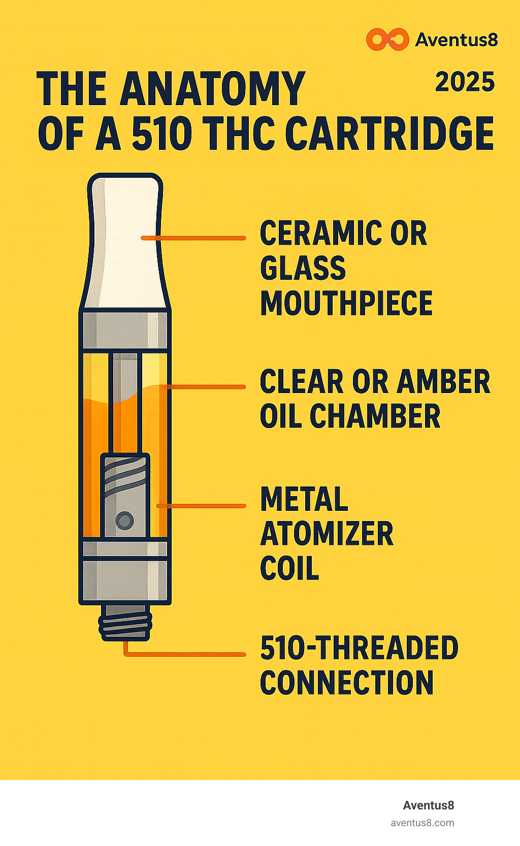 Infographic showing the anatomy of a 510 THC cartridge with labeled components: ceramic or glass mouthpiece at top, clear or amber oil chamber in middle, metal atomizer coil inside, and 510-threaded connection at bottom for battery attachment - thc cartridge infographic 