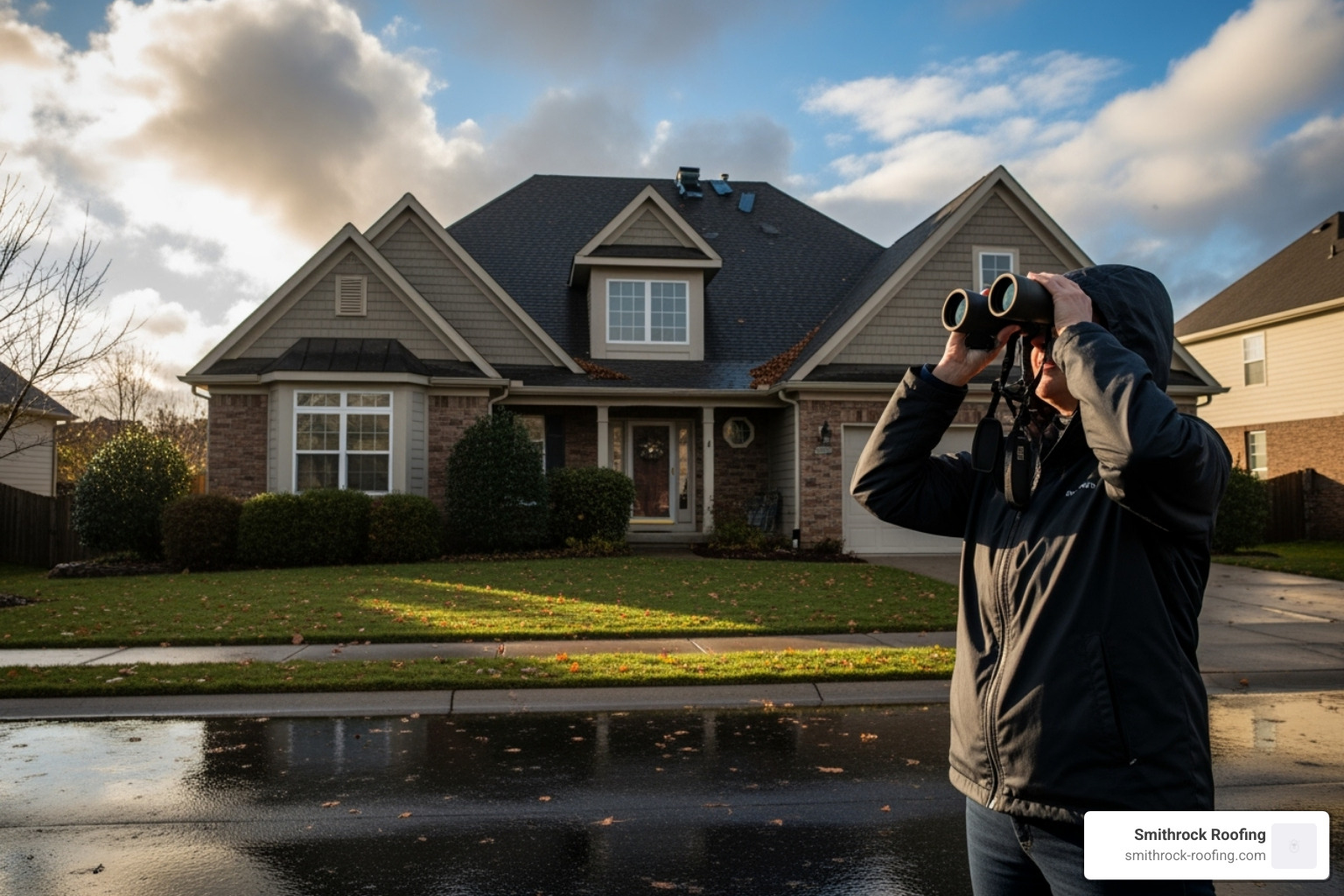 Person safely inspecting their roof from the ground with binoculars after a storm - wind damage repair