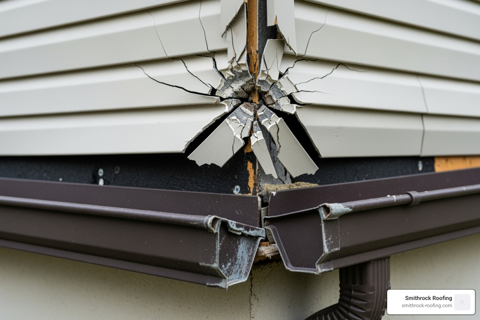 Cracked vinyl siding and a dented gutter, clearly showing damage from wind or impact - wind damage repair