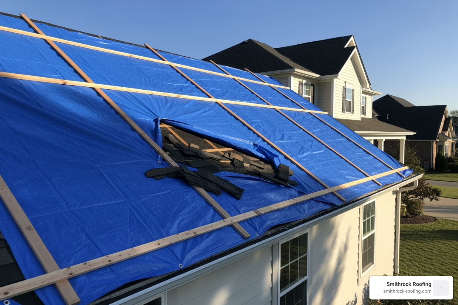 Properly installed emergency roof tarp covering a damaged section of a roof - wind damage repair