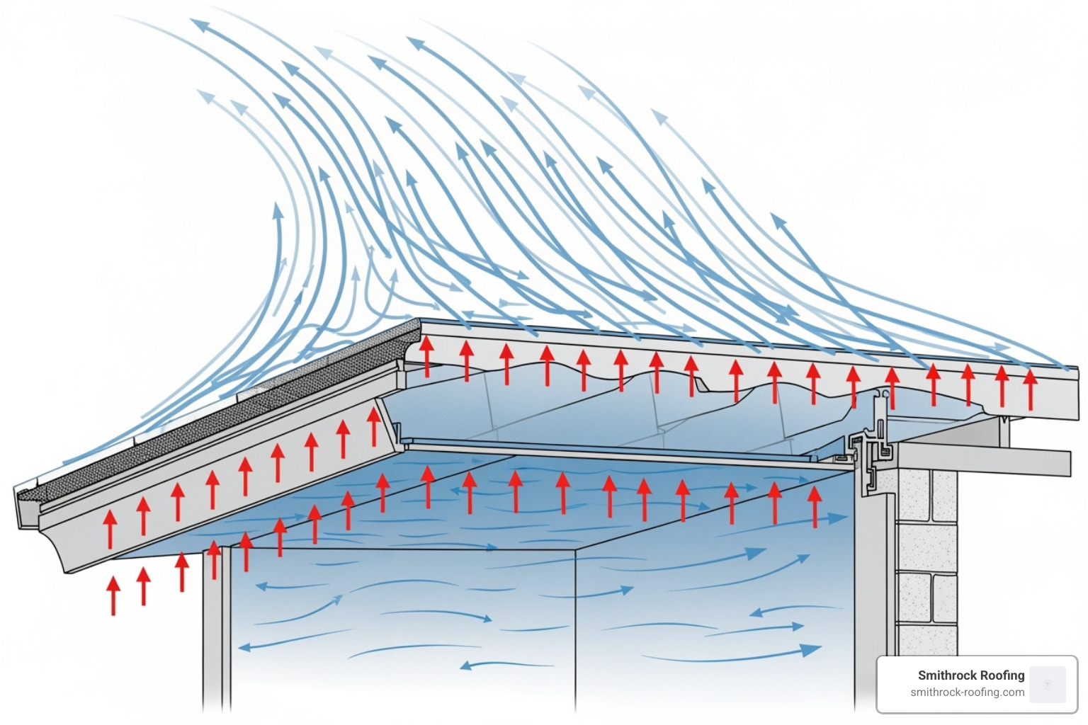 Diagram illustrating wind uplift pressure on a roof edge, showing air currents flowing over and under the roof, causing upward force - wind damage repair