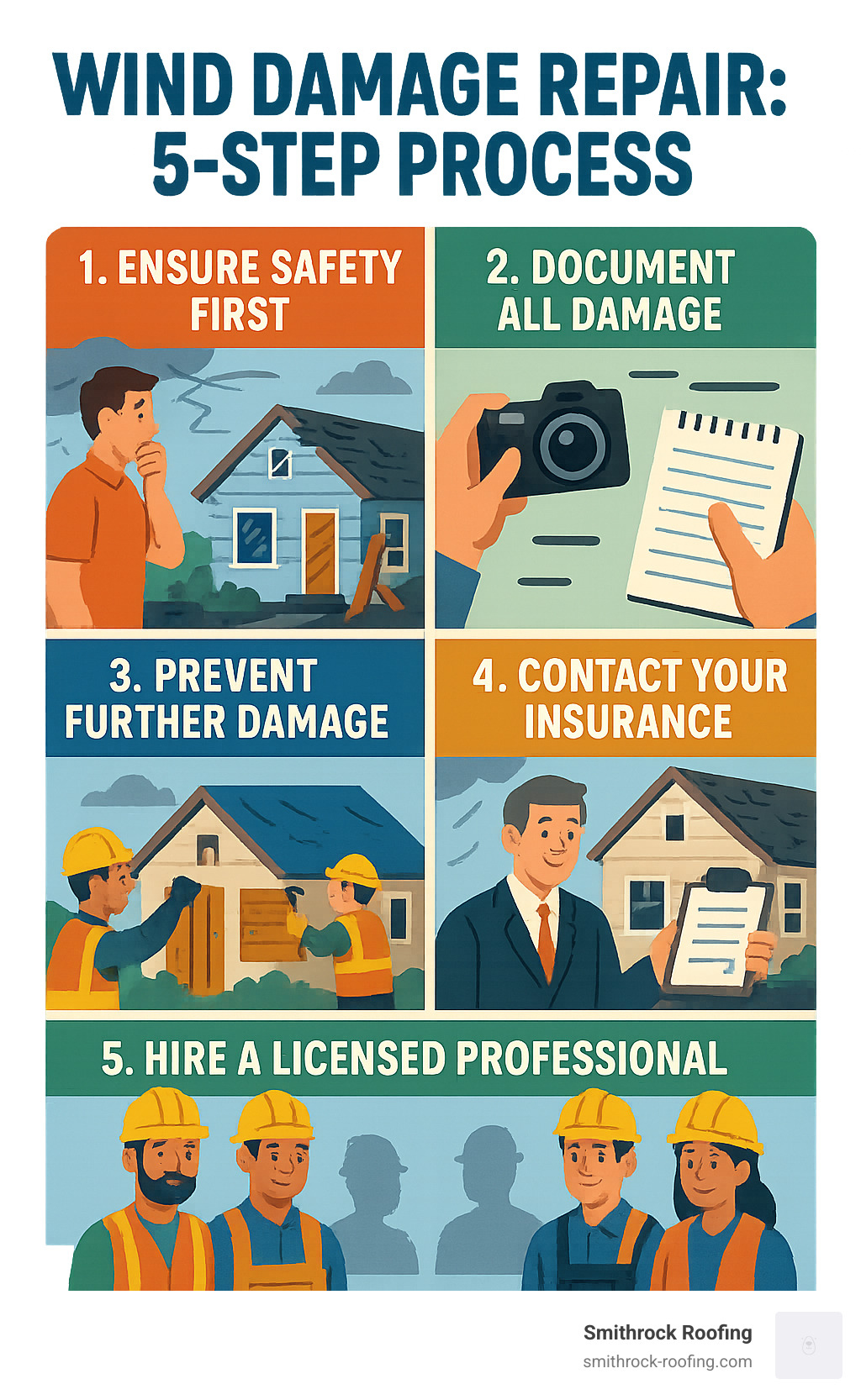 Comprehensive infographic showing the 5-step wind damage repair process: 1) Safety assessment with homeowner checking for hazards, 2) Documentation phase with camera and notepad, 3) Temporary mitigation with emergency tarps and boards, 4) Insurance claim filing with adjuster inspection, 5) Professional repair completion with contractor team - wind damage repair infographic 