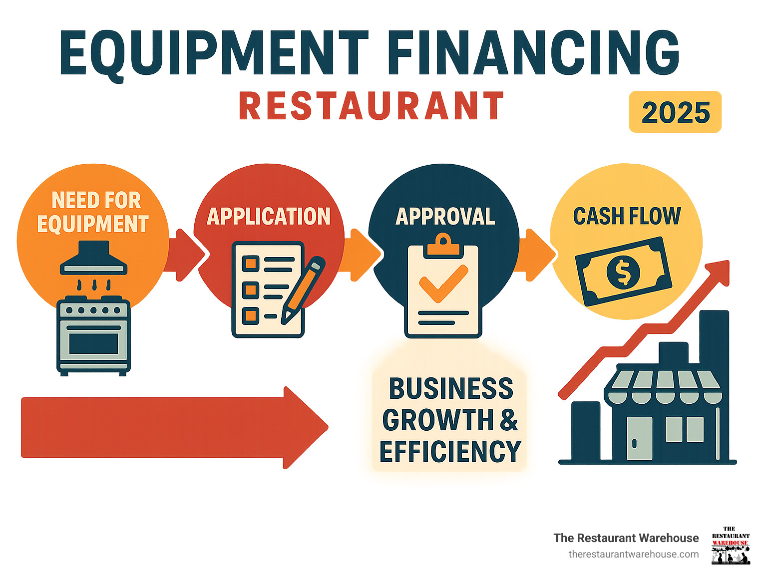 Infographic detailing the process of restaurant equipment financing, starting with the need for equipment, moving through the application and approval steps, showing how financing preserves cash flow, and concluding with business growth and improved operational efficiency - equipment financing restaurant infographic 