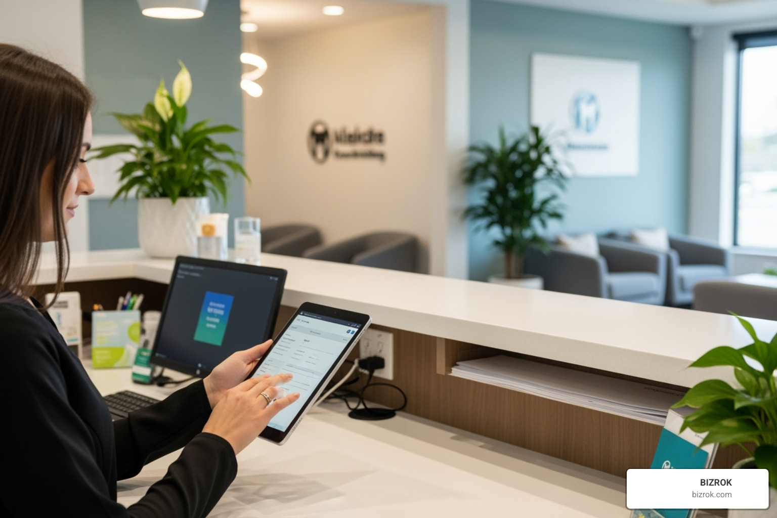 A dental front office, clean and modern, with a team member efficiently managing digital records on a tablet, symbolizing streamlined, paperless operations. - Grow dental practice