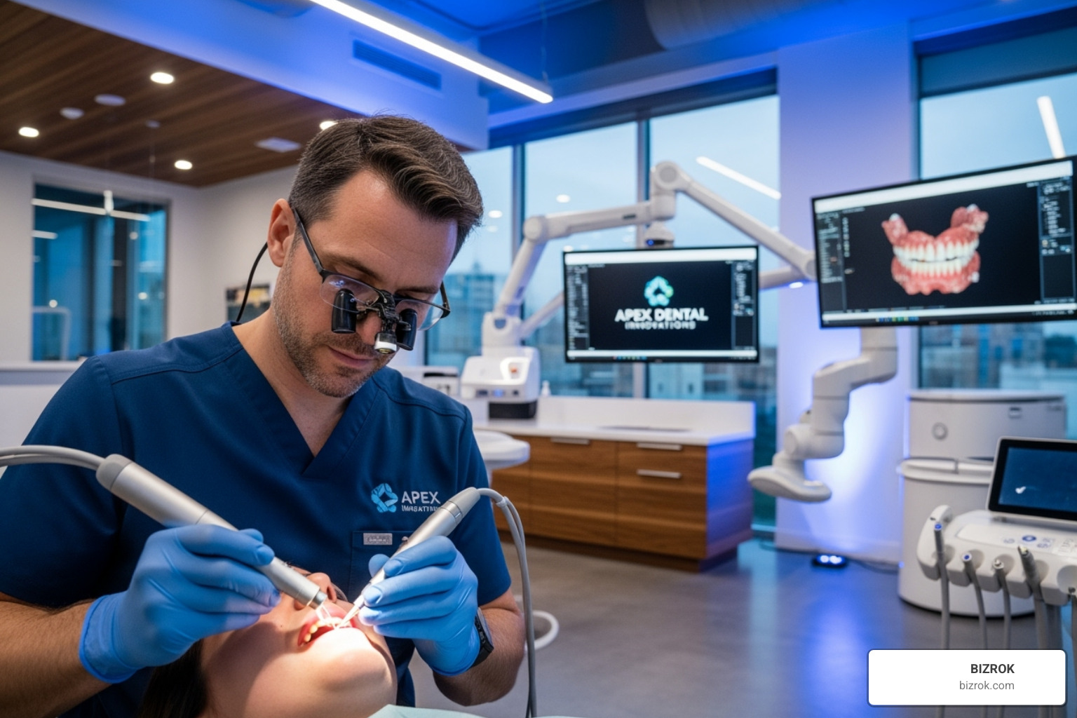 A dentist in a modern dental office, focused and using advanced technology, symbolizing strategic expansion and investment in cutting-edge tools. - Grow dental practice
