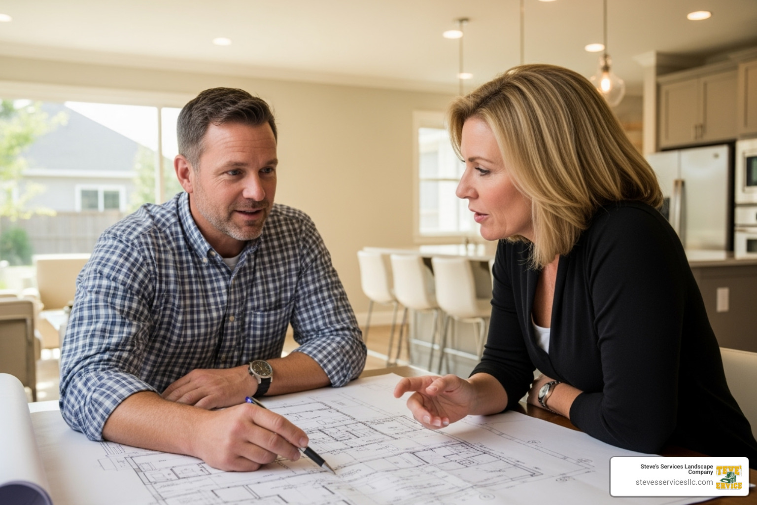 homeowner discussing plans with a contractor over a blueprint - general contracting companies near me homeowner discussing plans with a contractor over a blueprint - general contracting companies near me