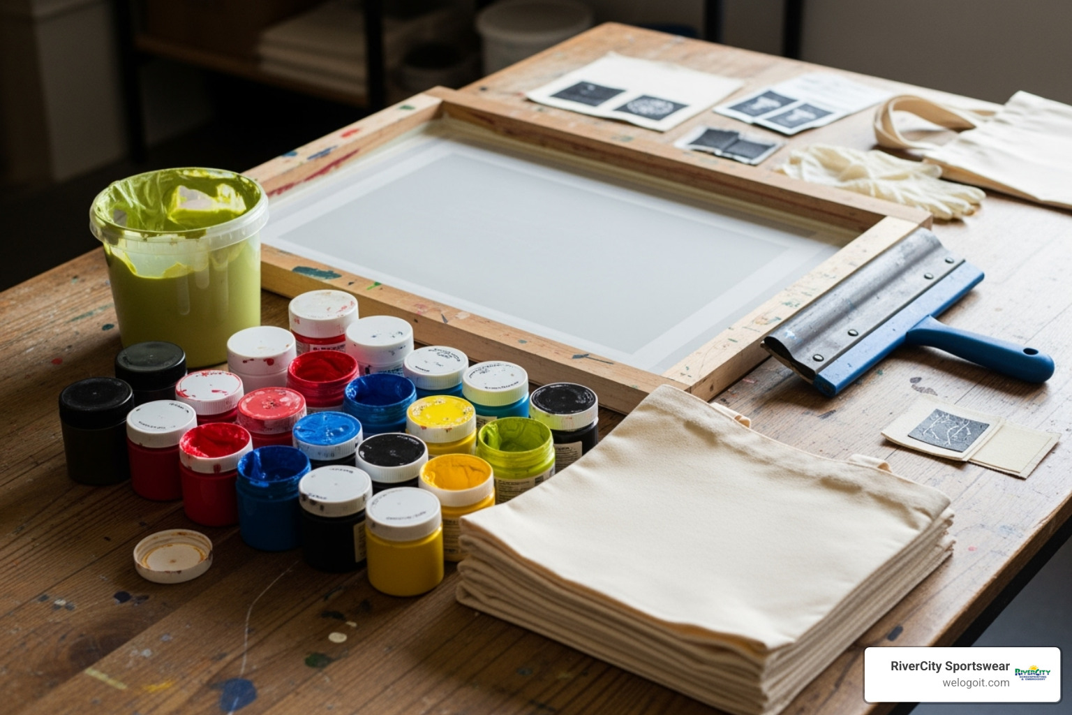 screen printing supplies laid out: screen, squeegee, inks, canvas bags, emulsion - screen printing canvas bags