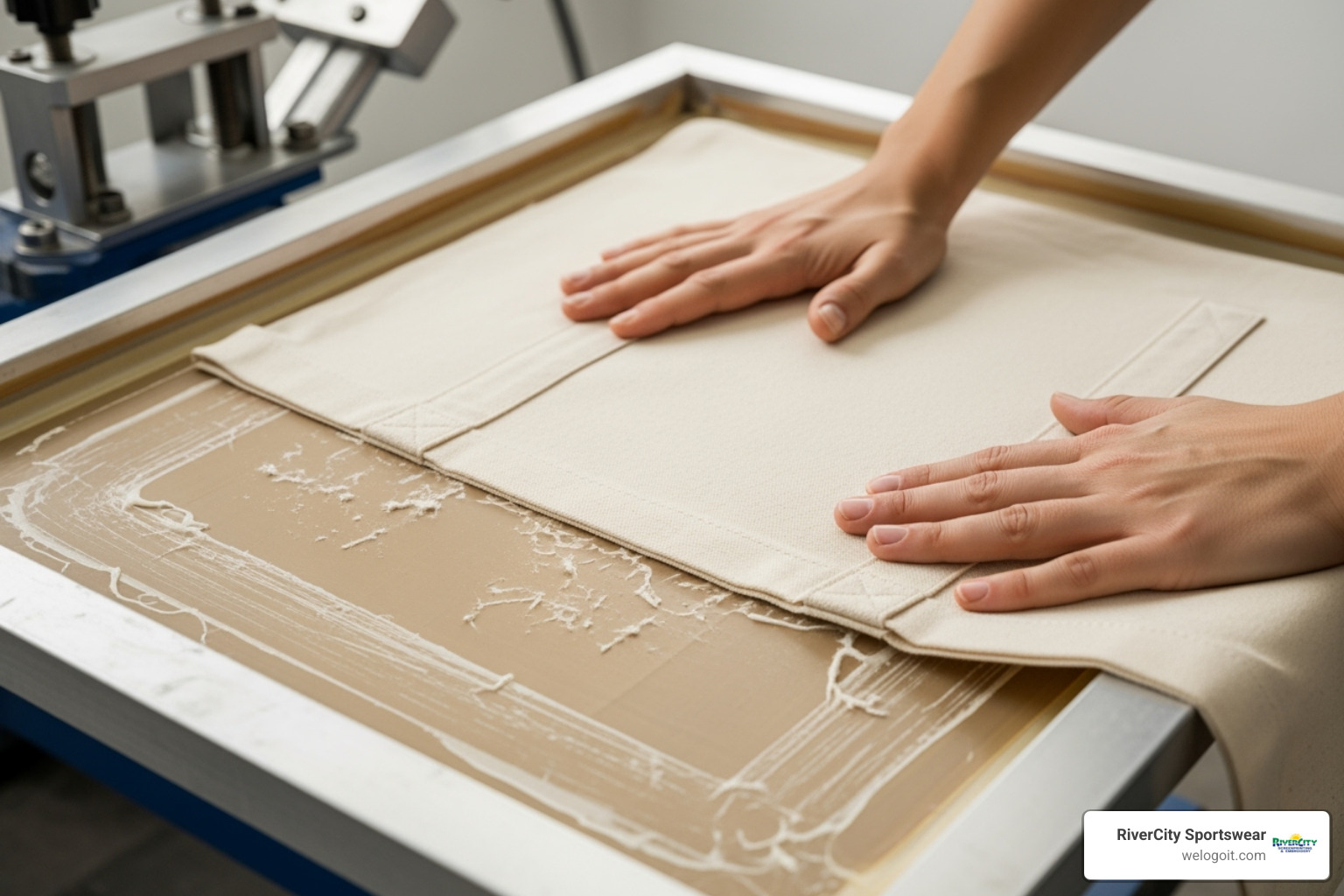 canvas bag being loaded onto a printing platen - screen printing canvas bags