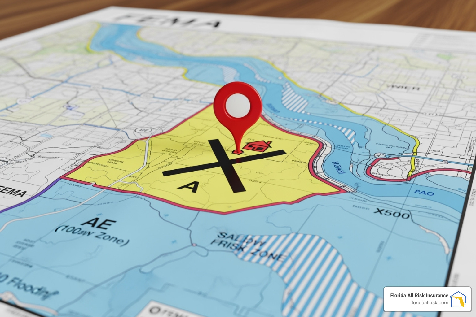Image of a FEMA flood map with a pin on a house in a low-risk 'X' zone that is near a water source. - Flood insurance online quotes Image of a FEMA flood map with a pin on a house in a low-risk 'X' zone that is near a water source. - Flood insurance online quotes