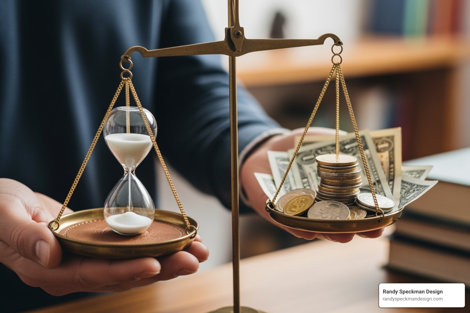 person weighing time vs. money on a scale - cheap landing page