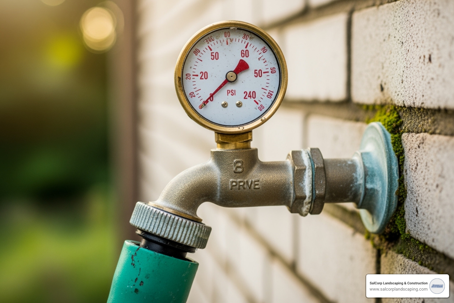 pressure gauge attached to an outdoor spigot - garden sprinkler system installation