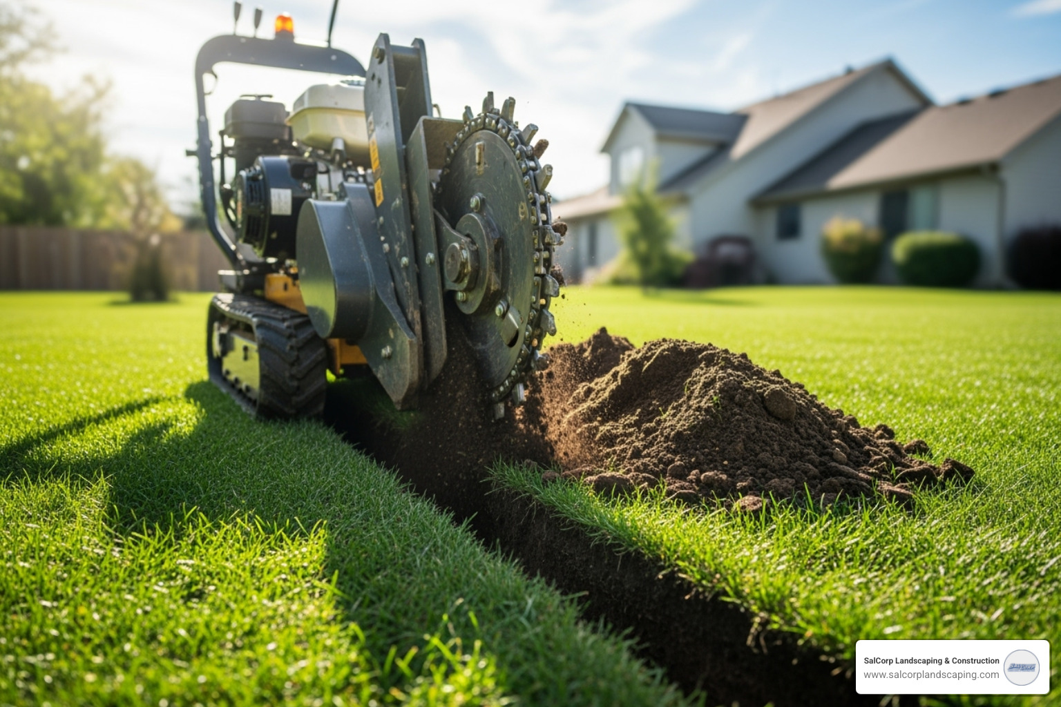 power trencher creating a clean trench in a lawn - garden sprinkler system installation