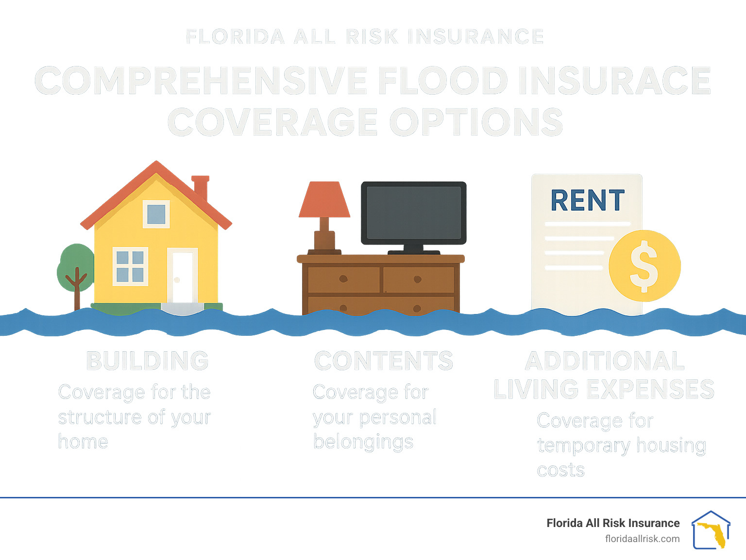 Infographic detailing Florida All Risk Insurance's comprehensive flood insurance coverage options, including building, contents, and additional living expenses. - Flood insurance online quotes infographic Infographic detailing Florida All Risk Insurance's comprehensive flood insurance coverage options, including building, contents, and additional living expenses. - Flood insurance online quotes infographic