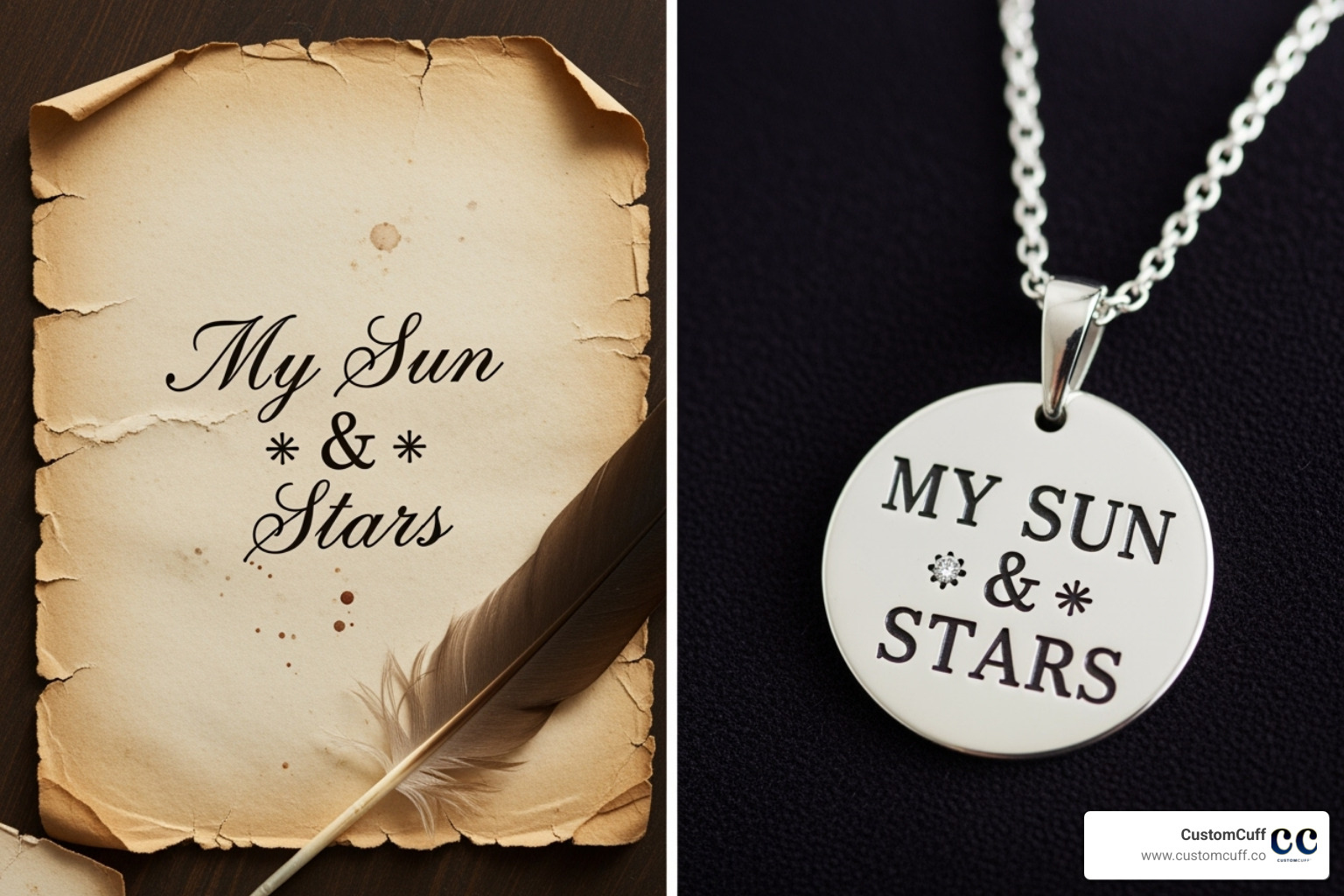 A split-screen image showing a handwritten note on the left and the finished, engraved necklace on the right. - hand written necklace A split-screen image showing a handwritten note on the left and the finished, engraved necklace on the right. - hand written necklace