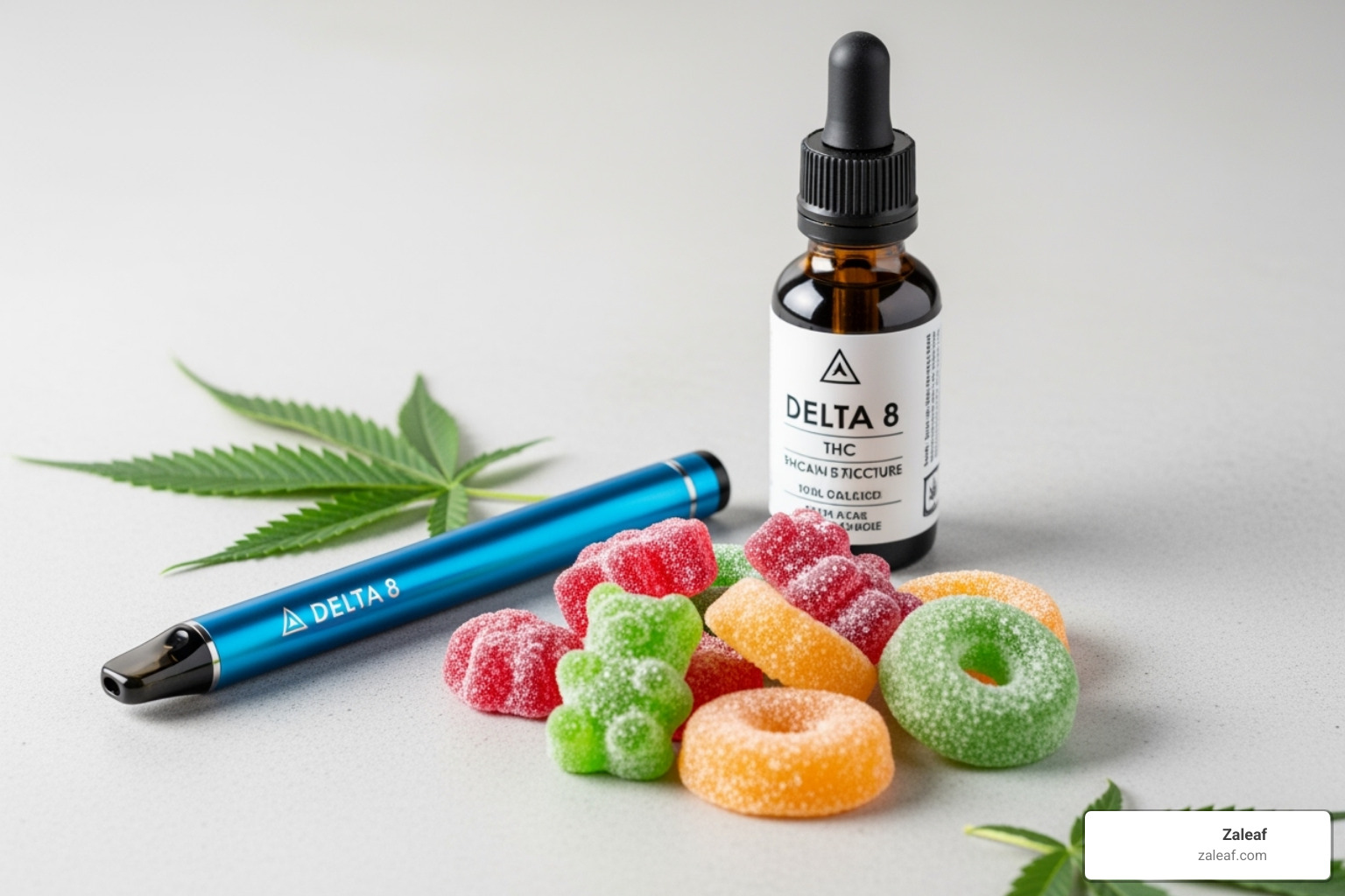 Image of various Delta 8 product types, including gummies, a vape pen, and a tincture bottle, arranged aesthetically - can you order delta 8 products online