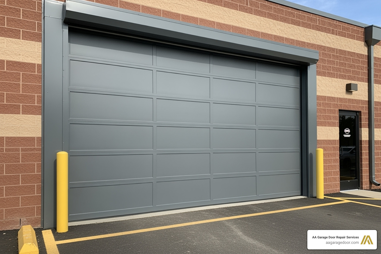 A newly installed roll-up door on a commercial building. - roll up door service near me
