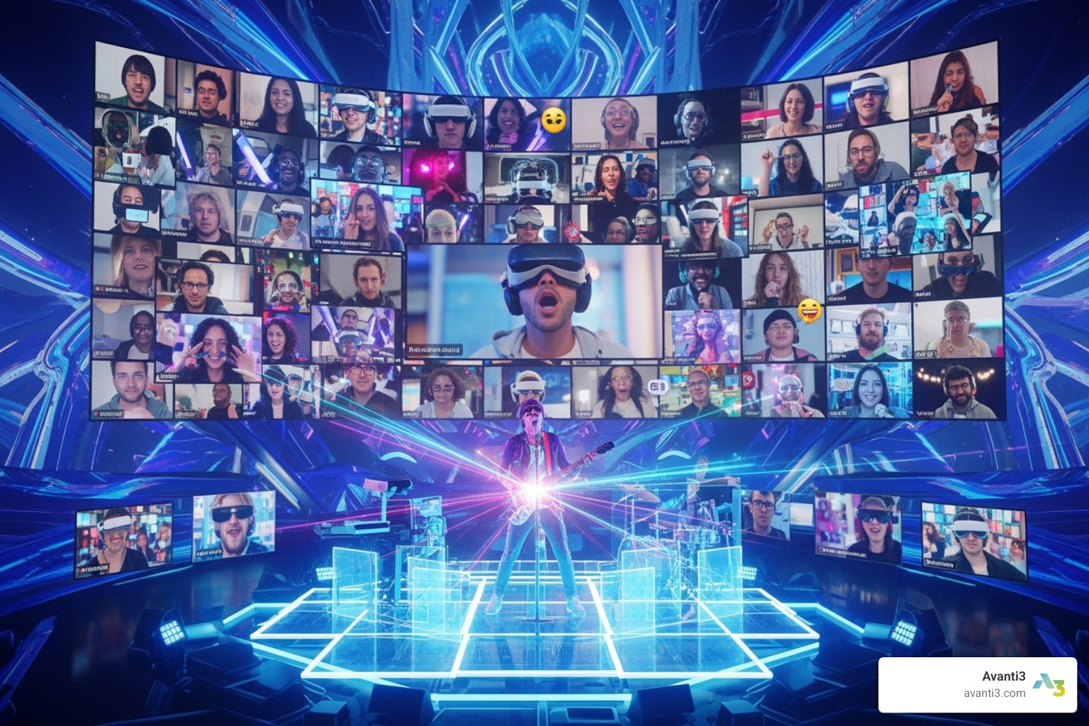 A virtual concert with an artist performing on a stage while an engaged online audience watches on their screens, some with VR headsets, creating a sense of shared experience. - connect with fans