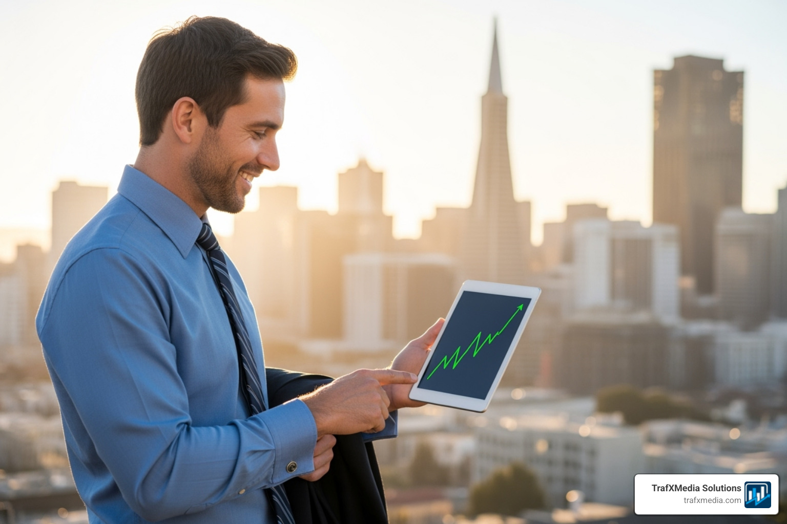 Smiling Caucasian business owner looking at a tablet showing a graph with an upward trend, with a blurred San Francisco cityscape in the background. - San Francisco PPC management