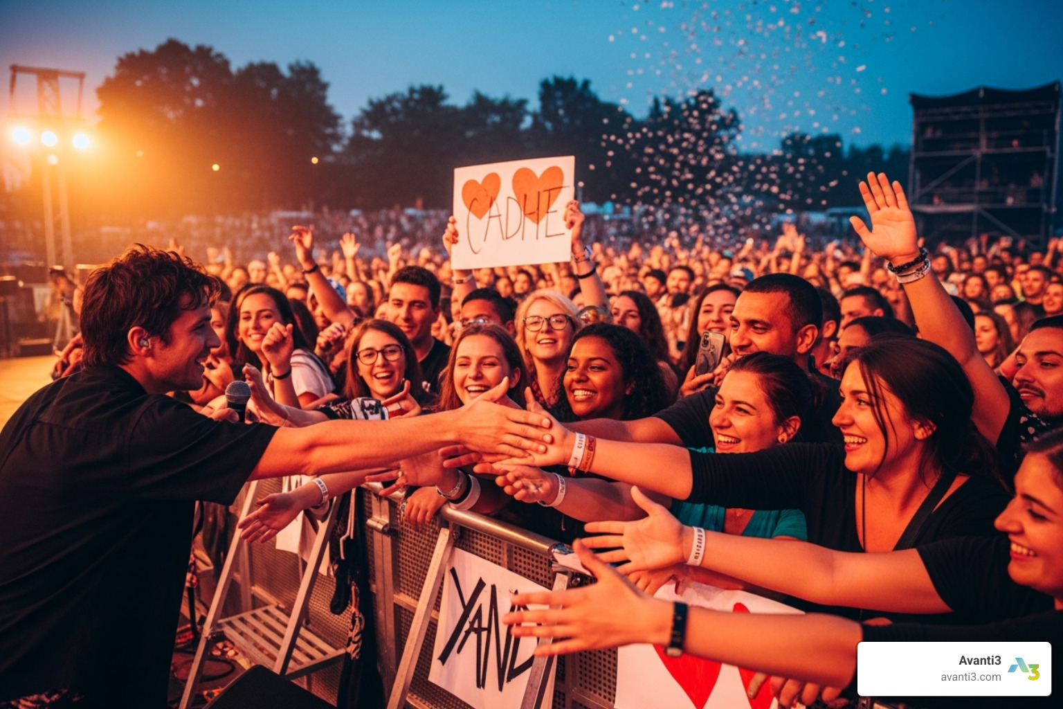 A social media feed showing an artist interacting with fans through comments, likes, and polls, with various engaging posts. - connect with fans