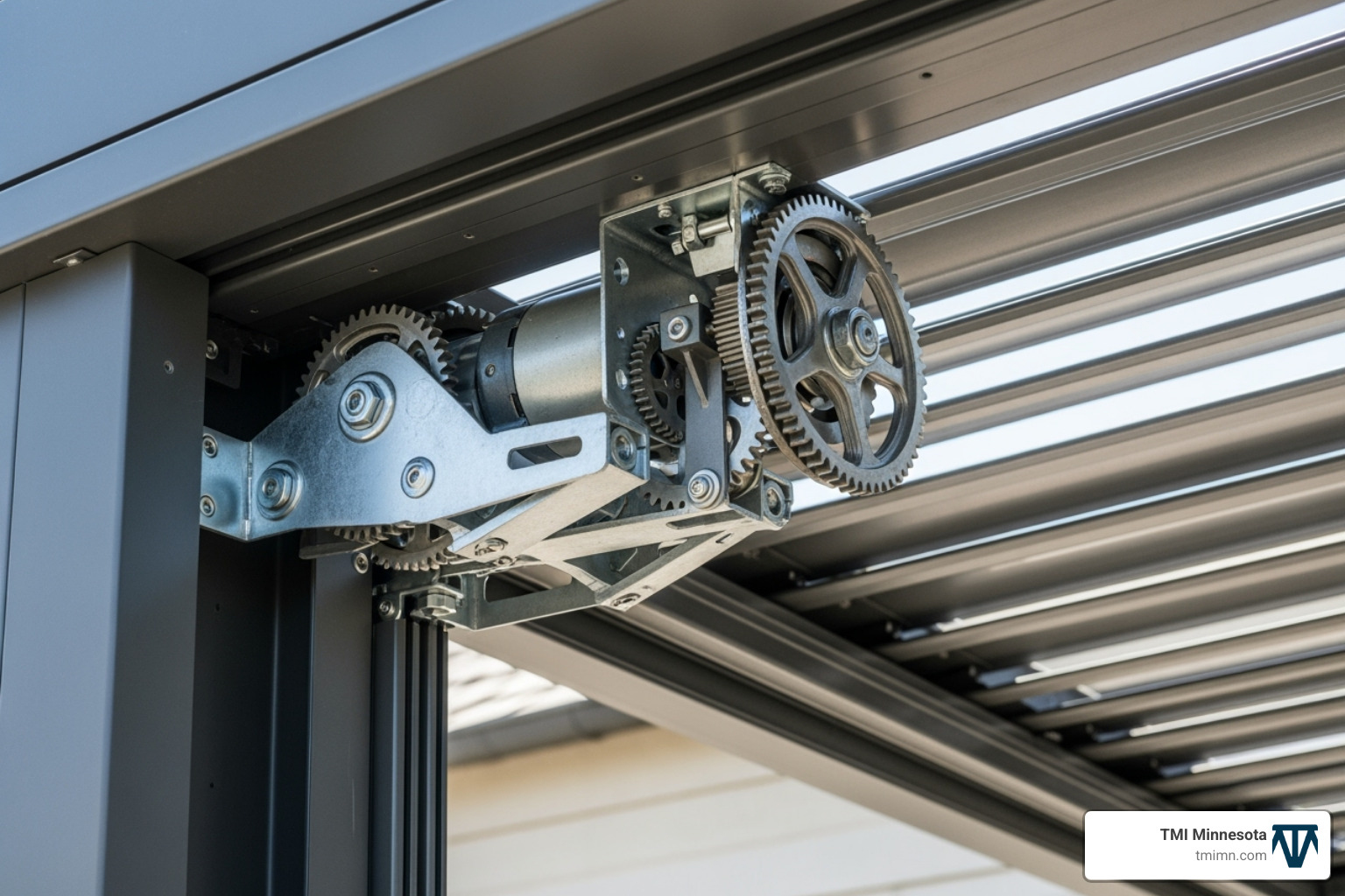 Close-up on the louvered mechanism of a motorized pergola, showing the precision engineering and hidden motor components - motorized pergola