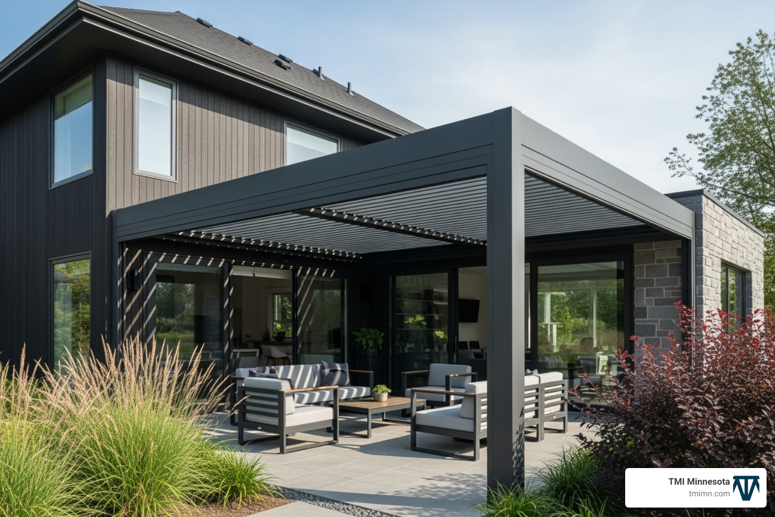 A clean, low-maintenance motorized pergola integrated seamlessly with a home's architecture, demonstrating its aesthetic appeal and ease of upkeep - motorized pergola