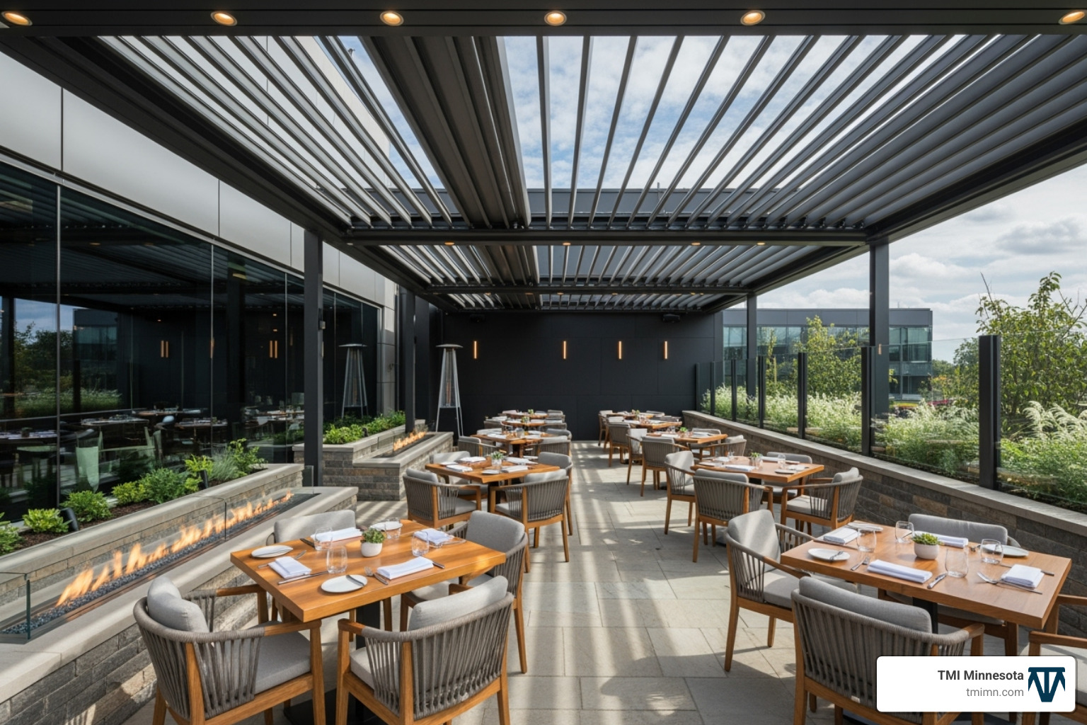 Commercial restaurant patio with a motorized pergola, extending the seating area and allowing outdoor dining in various weather conditions - motorized pergola