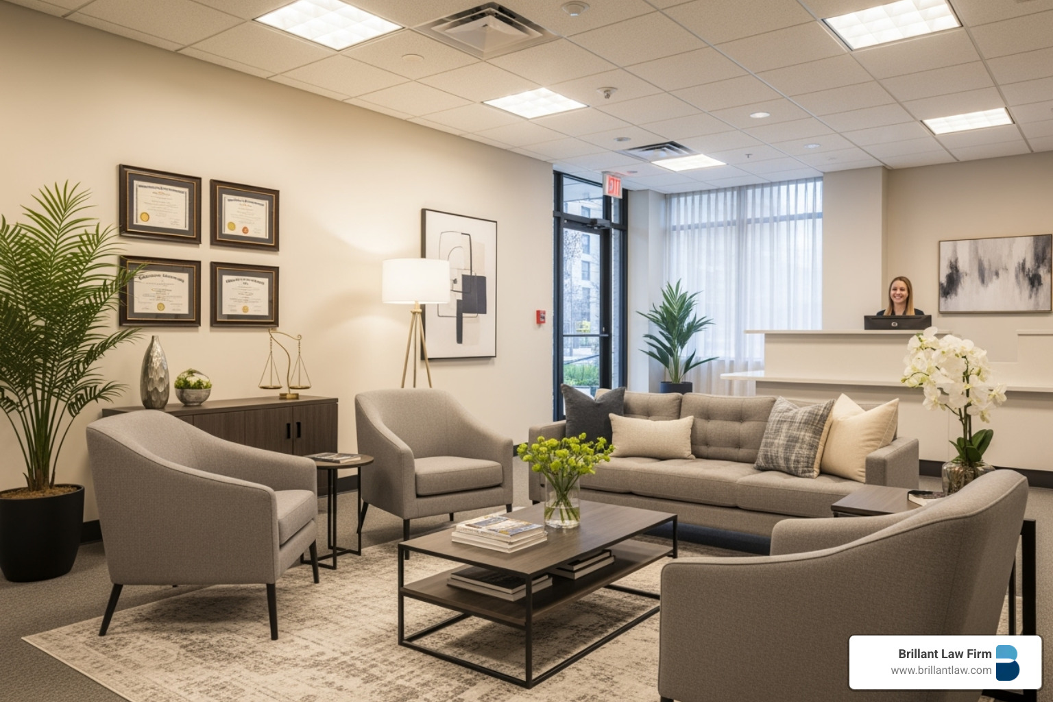 Image of a clean, professional, and welcoming law office reception area, indicating a supportive environment for clients.