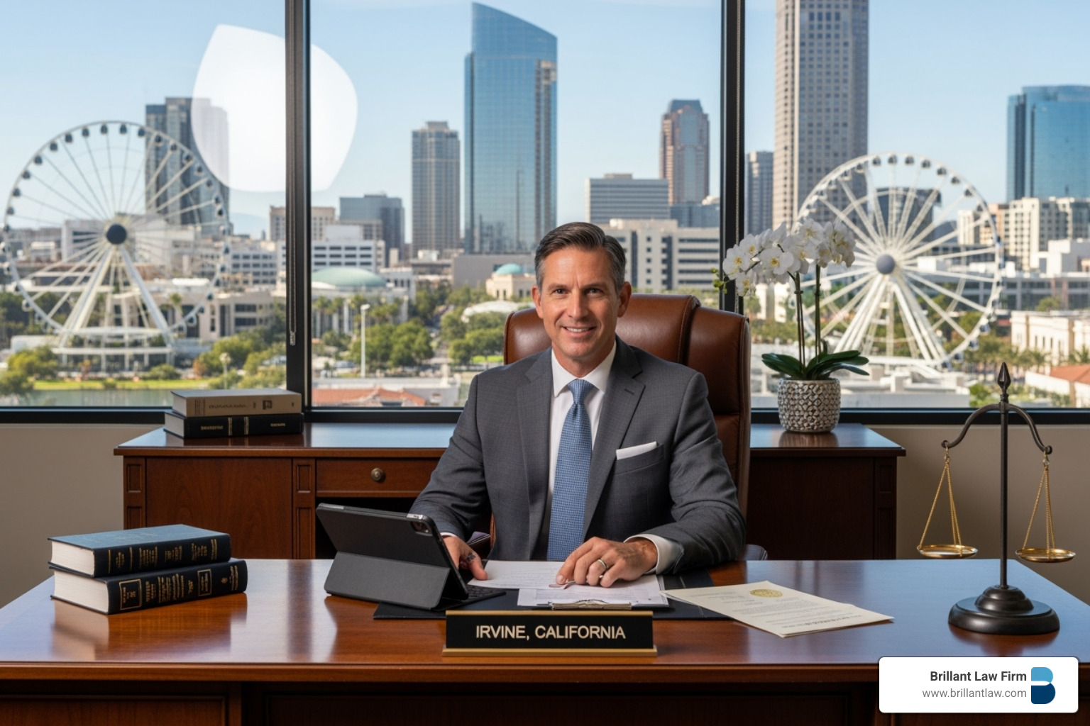 Close-up image of a lawyer's desk with a law degree, professional certificates (e.g., Certified Tax Law Specialist), and awards, symbolizing expertise and credentials.