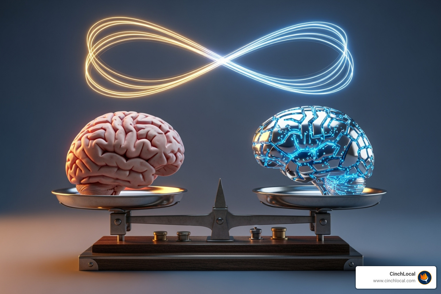 A scale balancing a human brain and a robotic brain, symbolizing the partnership between human creativity and AI. - use ai to write blog posts